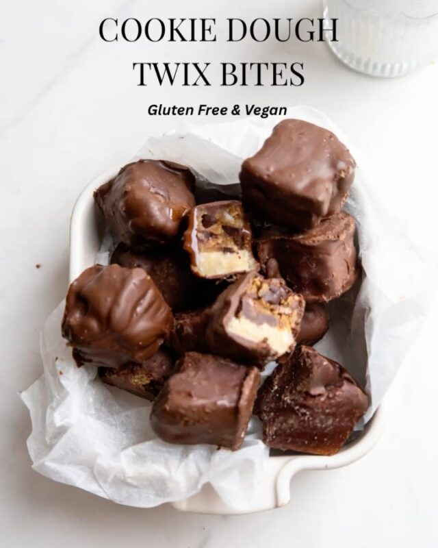 These COOKIE DOUGH TWIX BITES start with a soft baked shortbread base,
get topped with creamy cookie dough, then dipped in rich chocolate.

They’re gluten-free, vegan, and taste better than the real thing.

Comment “TWIX” and I’ll DM you the recipe!
Save this post to make them when that candy bar craving hits. You can make them full sized or bite sized— take your pick. 

#cookiedoughtwix #twixbites #homemadetwix #glutenfreedessert #veganrecipes #stelleandcobakes #healthycandybars